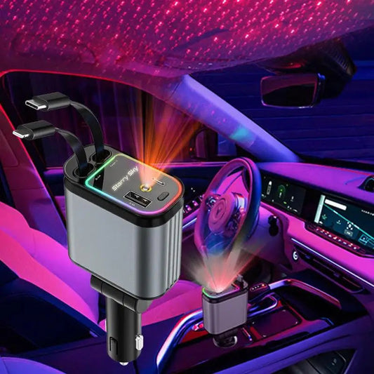 Chargeur de voiture 4 en 1 rétractable avec LED ciel étoilé, USB C 120 W,