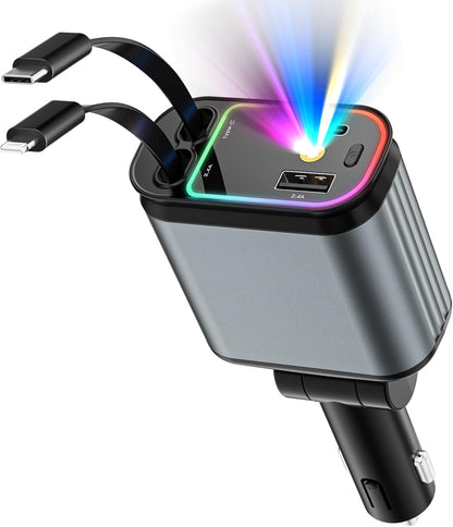 Chargeur de voiture 4 en 1 rétractable avec LED ciel étoilé, USB C 120 W,