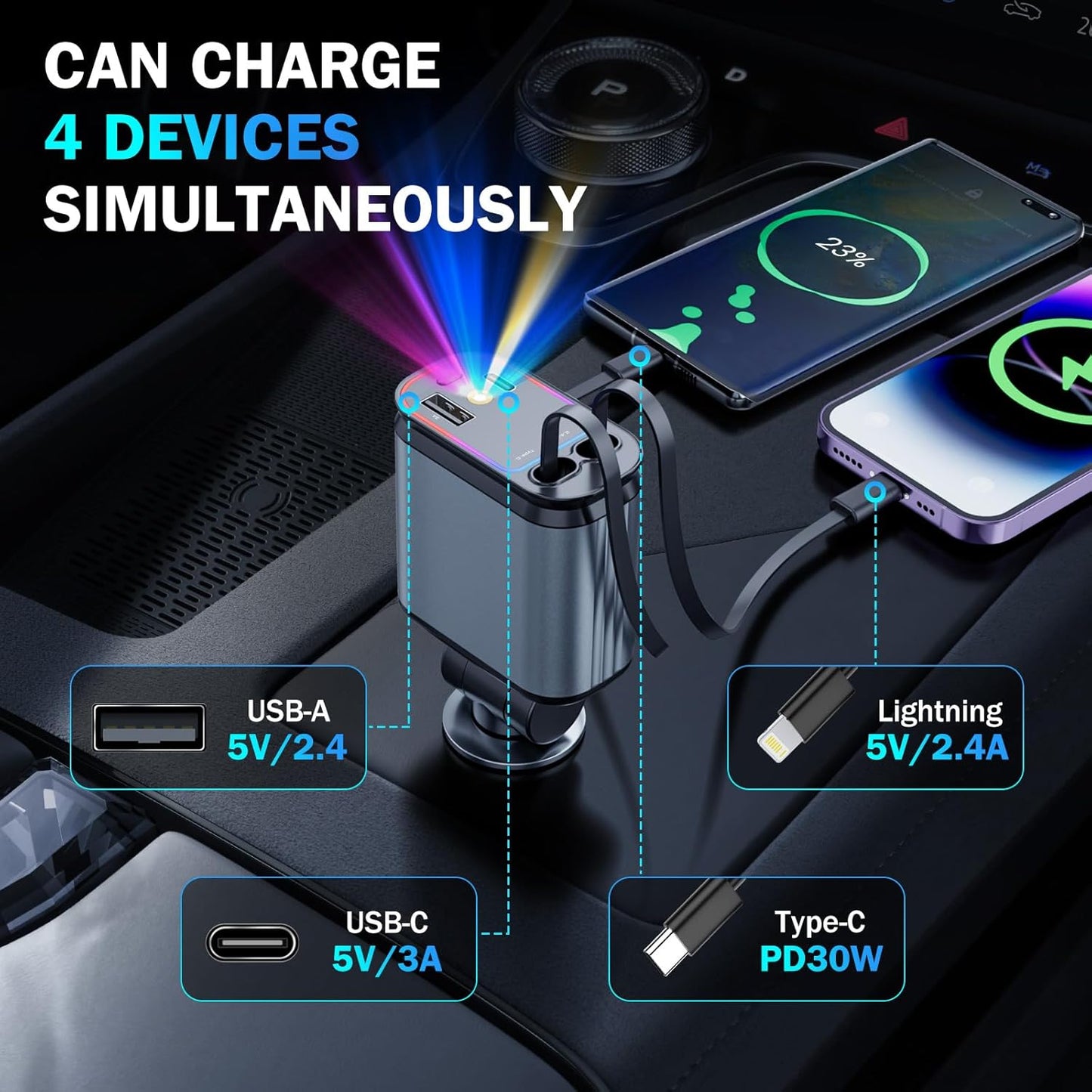 Chargeur de voiture 4 en 1 rétractable avec LED ciel étoilé, USB C 120 W,