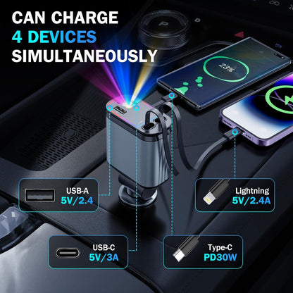 Chargeur de voiture 4 en 1 rétractable avec LED ciel étoilé, USB C 120 W,