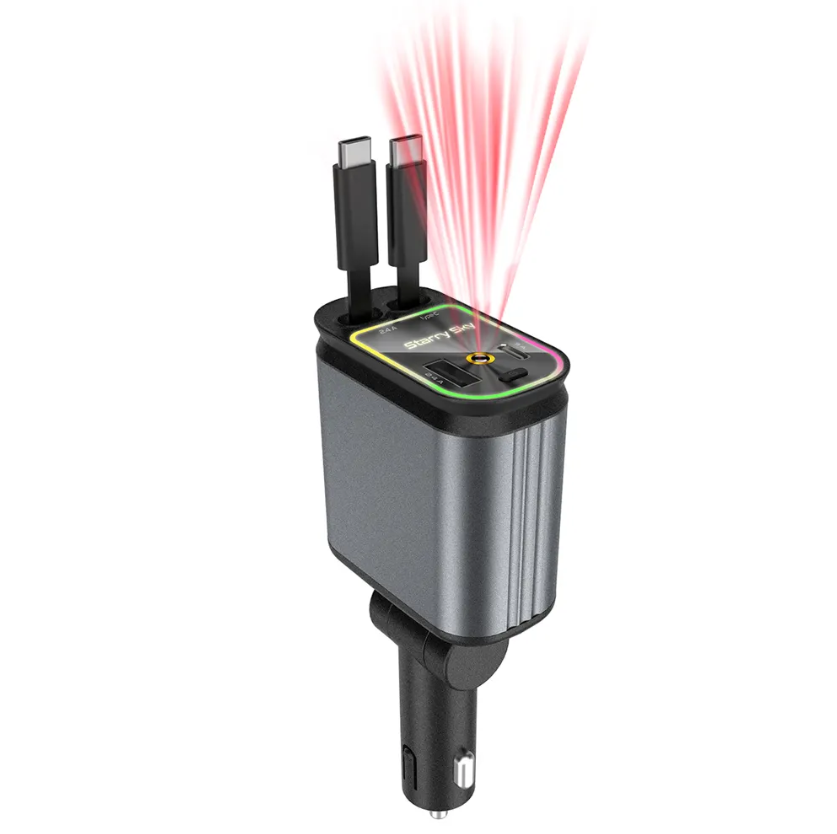 Chargeur de voiture 4 en 1 rétractable avec LED ciel étoilé, USB C 120 W,